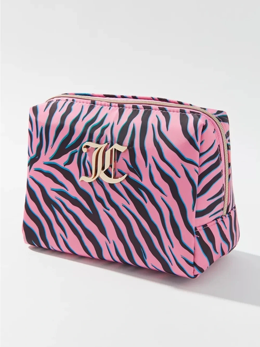 Juicy Couture Womens Puffy Pink Zebra Print Cosmetic Pouch Bag with Gold Logo